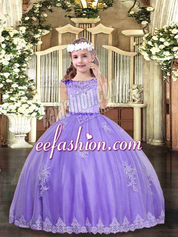  Lavender Tulle Zipper Scoop Sleeveless Floor Length Girls Pageant Dresses Lace and Appliques