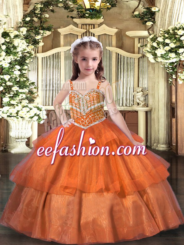  Orange Lace Up Straps Ruffled Layers Glitz Pageant Dress Organza Sleeveless