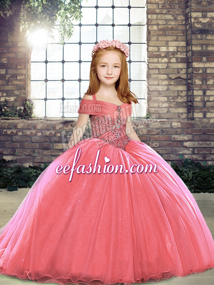 Glorious Watermelon Red Little Girls Pageant Dress Wholesale Party and Sweet 16 and Wedding Party with Beading Straps Sleeveless Brush Train Lace Up