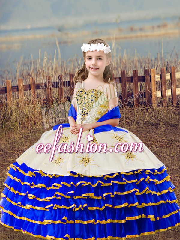  Royal Blue Lace Up Little Girl Pageant Dress Beading and Embroidery and Ruffled Layers Sleeveless Floor Length