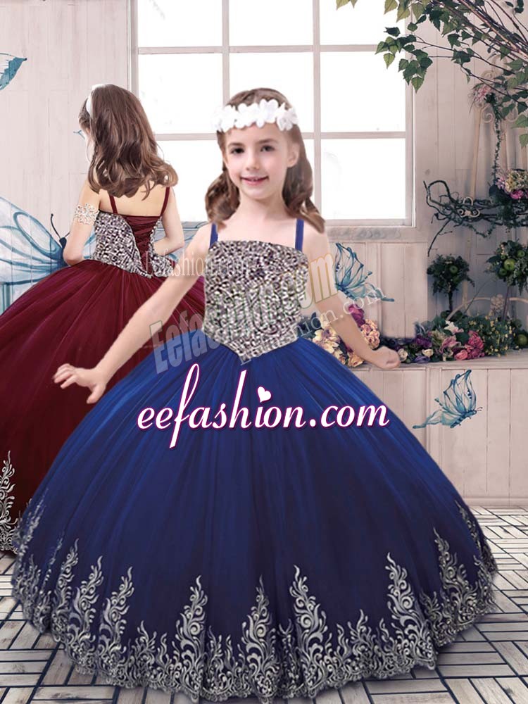 High Quality Floor Length Lace Up Pageant Gowns For Girls Blue for Party and Sweet 16 and Wedding Party with Beading and Embroidery