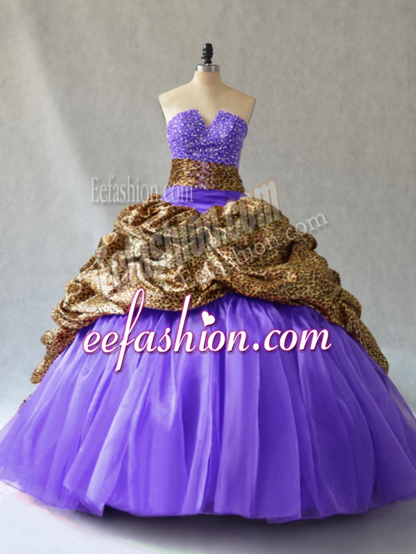  Lavender Ball Gowns V-neck Sleeveless Organza and Printed Brush Train Lace Up Beading and Pick Ups Quinceanera Dress