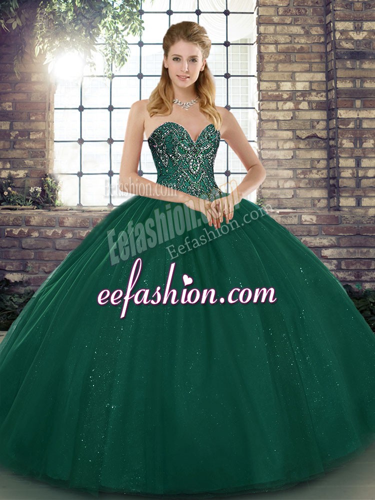  Sleeveless Floor Length Beading Lace Up Quinceanera Dresses with Peacock Green