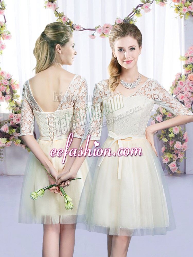  Champagne Lace Up Vestidos de Damas Lace and Bowknot Half Sleeves Mini Length