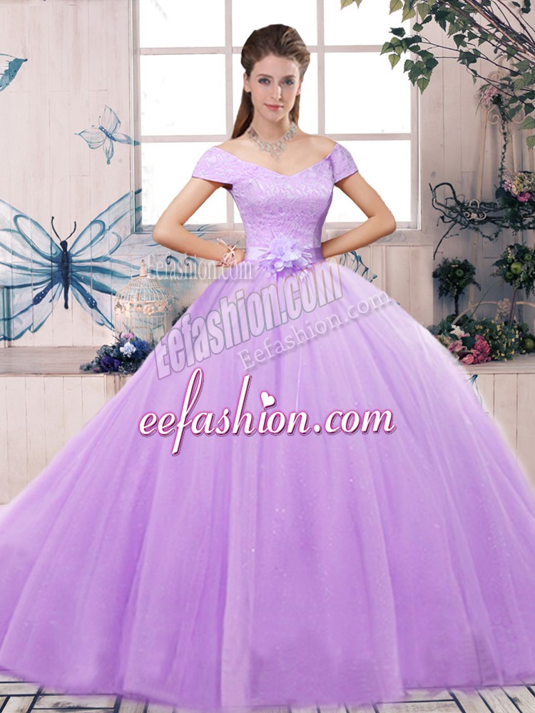  Floor Length Lavender Sweet 16 Dress Off The Shoulder Short Sleeves Lace Up