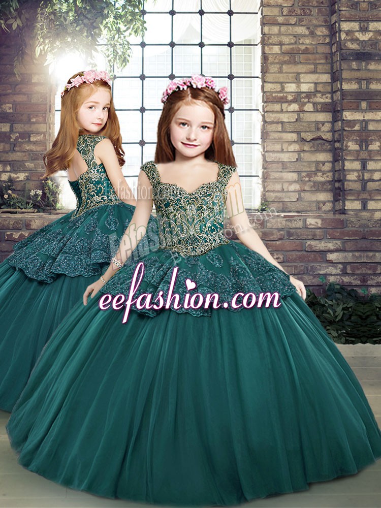  Sleeveless Tulle Floor Length Side Zipper Little Girl Pageant Gowns in Teal with Beading and Appliques