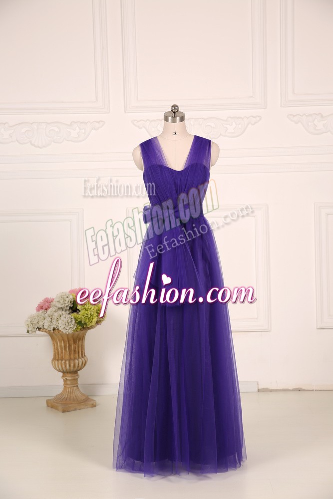  Purple Empire Ruching Dama Dress for Quinceanera Zipper Tulle Sleeveless Floor Length