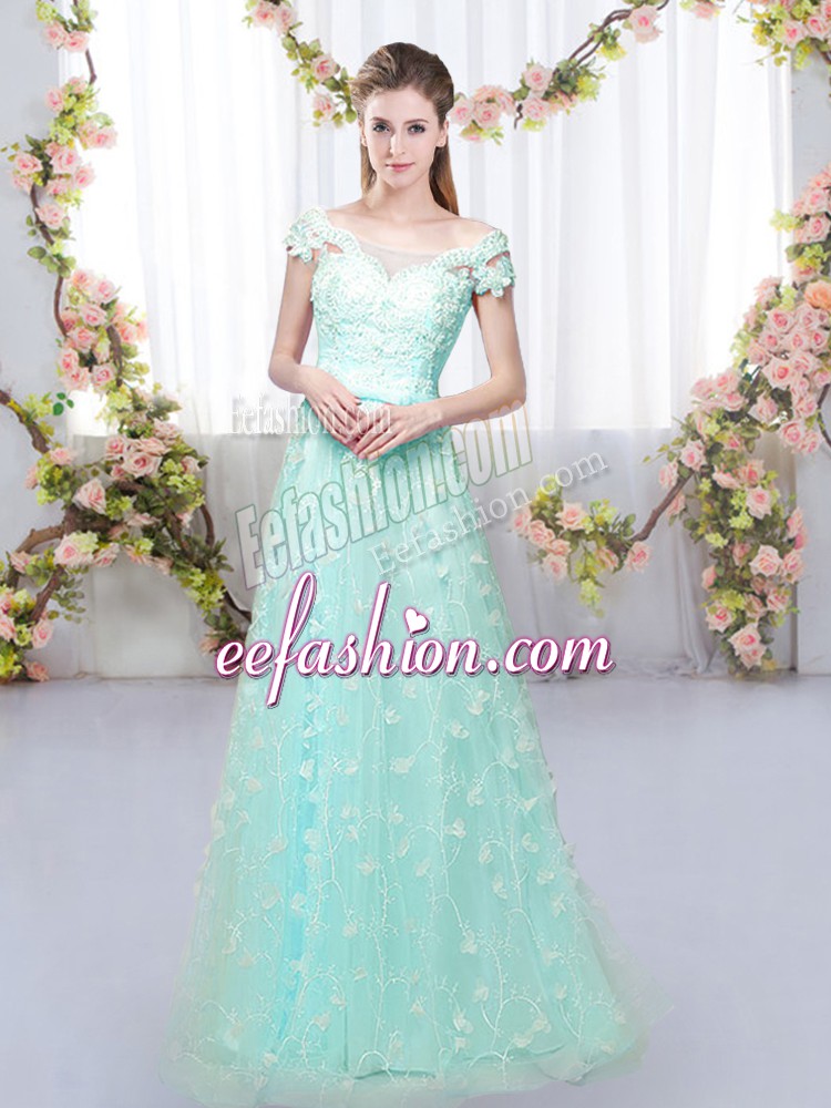 Low Price Off The Shoulder Cap Sleeves Lace Up Dama Dress for Quinceanera Apple Green Tulle