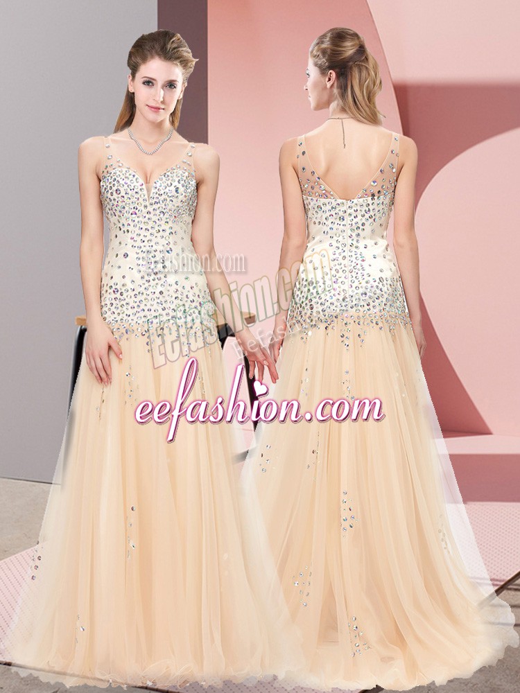 Sexy V-neck Sleeveless Sweep Train Zipper Champagne Tulle