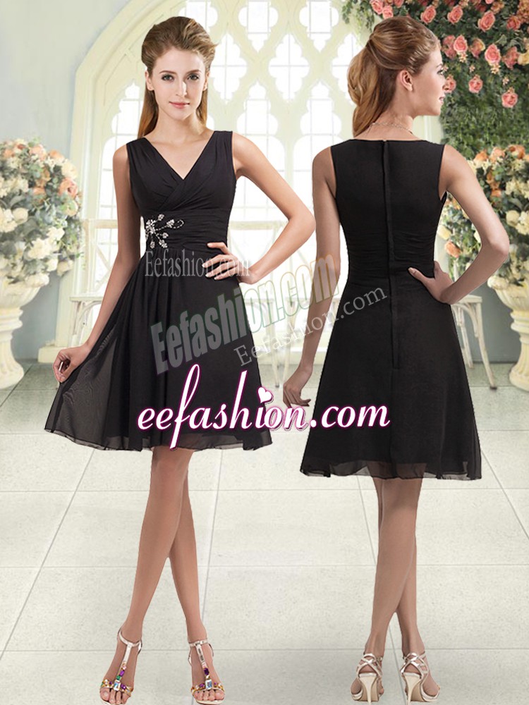Dazzling Black Prom Gown Prom and Party with Beading V-neck Sleeveless Zipper