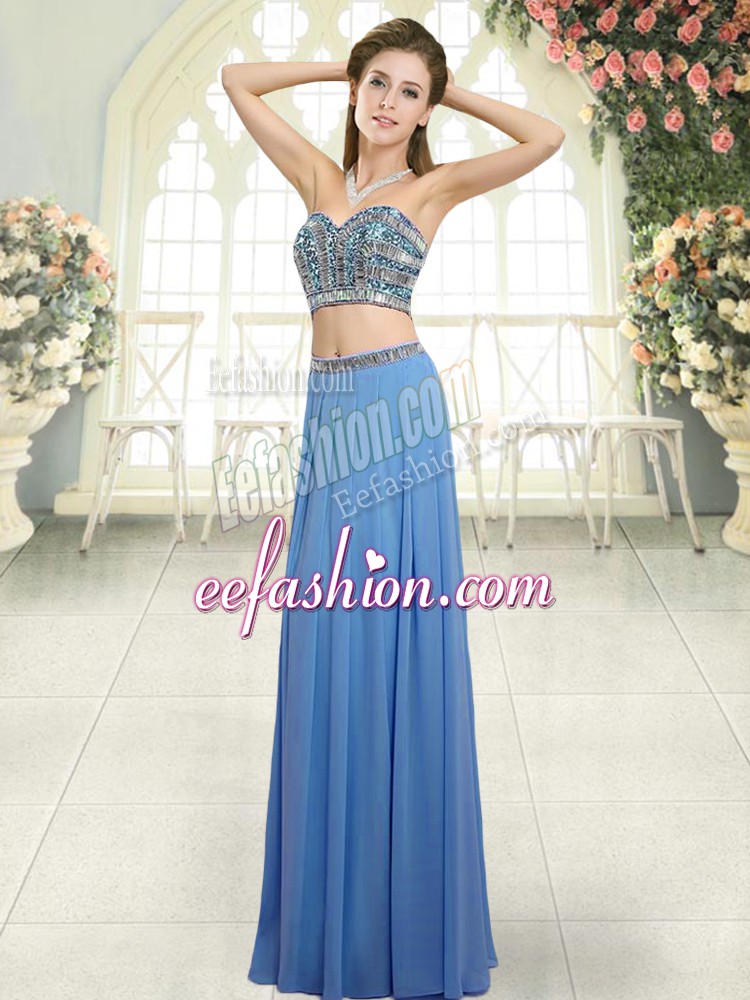 Elegant Sleeveless Chiffon Floor Length Backless Evening Dress in Blue with Beading