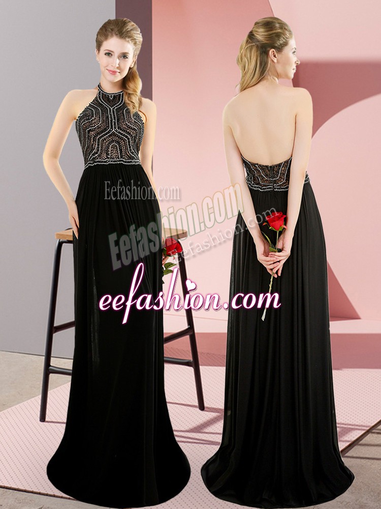  Black Prom Gown Prom and Party and Military Ball with Beading High-neck Sleeveless Sweep Train Backless