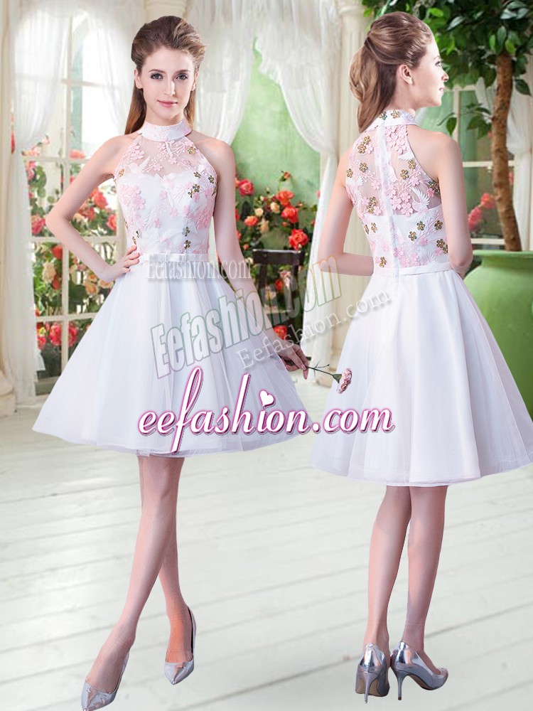  White Sleeveless Appliques Knee Length Prom Gown