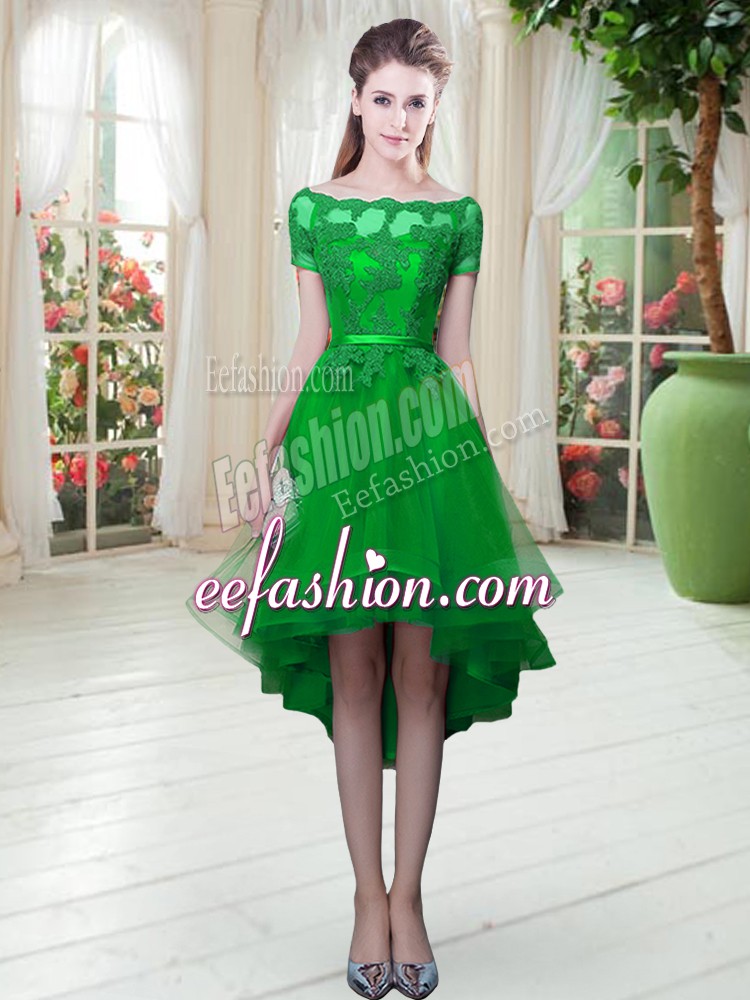 Designer High Low Lace Up Homecoming Dress Green for Prom and Party with Appliques