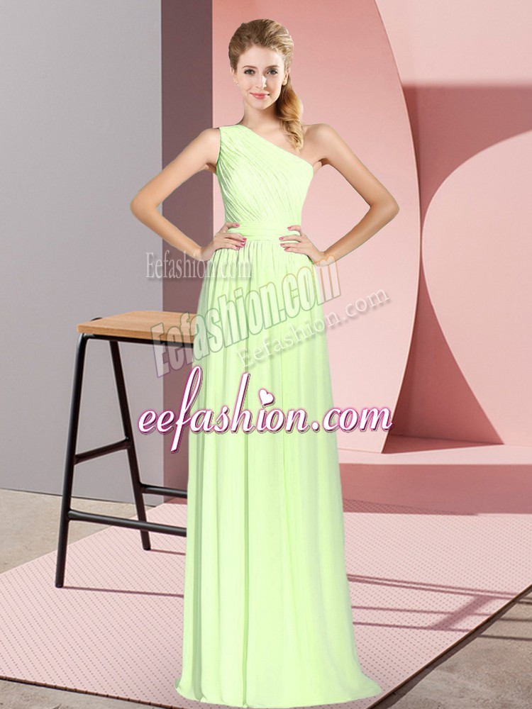 Super Yellow Green Lace Up Dress for Prom Ruching Sleeveless Floor Length