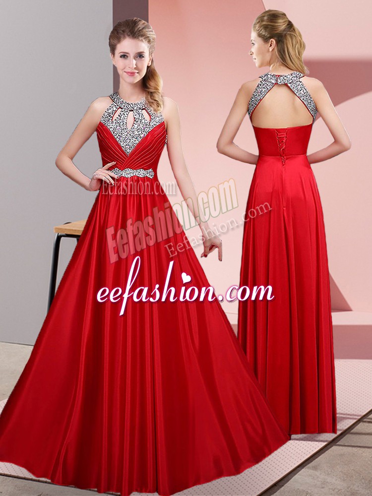 Fitting Red Empire Beading Prom Evening Gown Lace Up Satin Sleeveless Floor Length