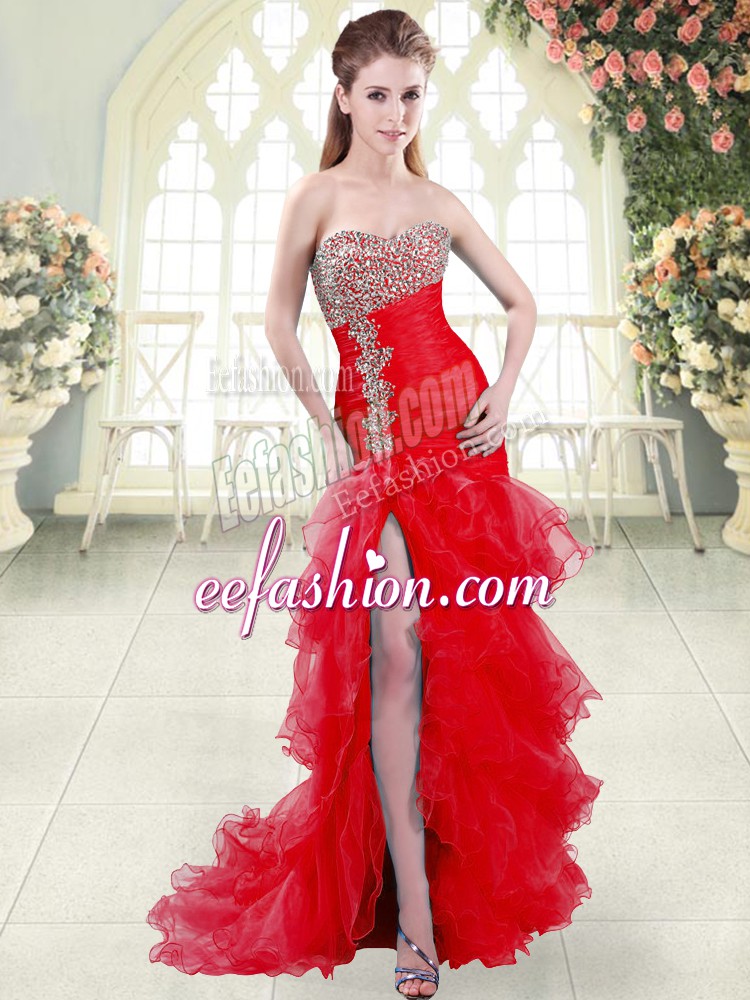 Charming Red Prom Dress Sweetheart Sleeveless Brush Train Lace Up