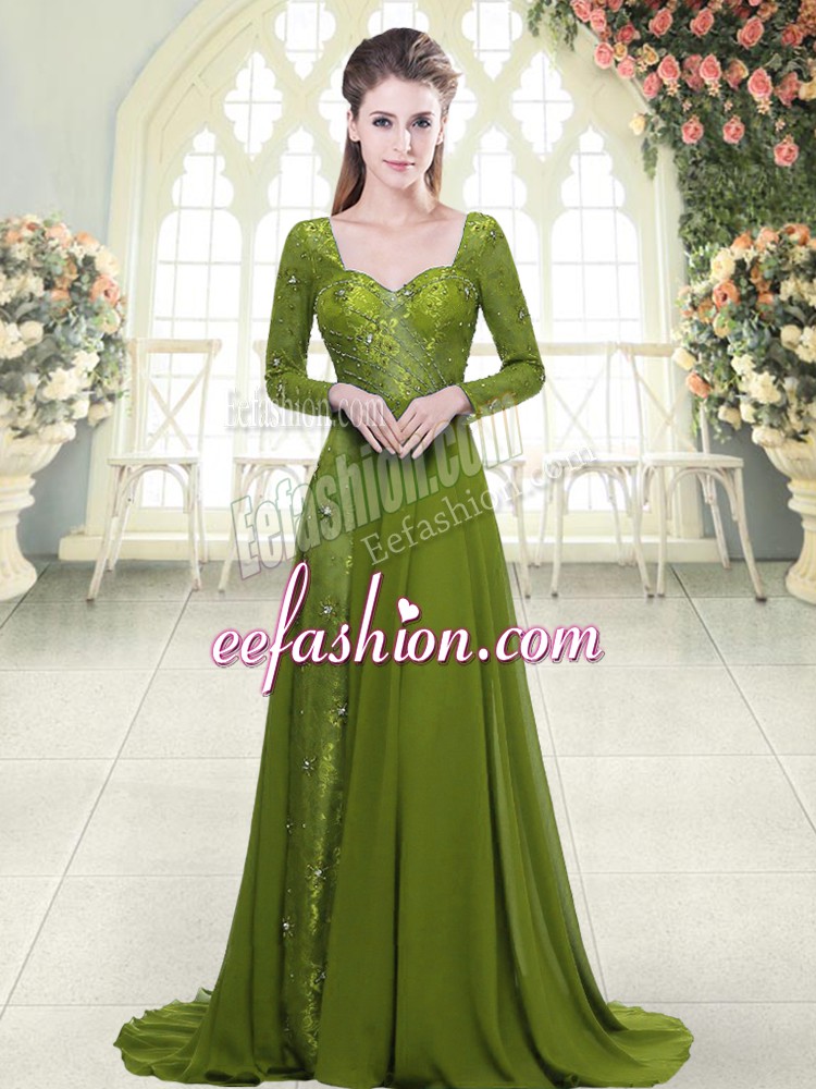  A-line Long Sleeves Olive Green Dress for Prom Sweep Train Backless