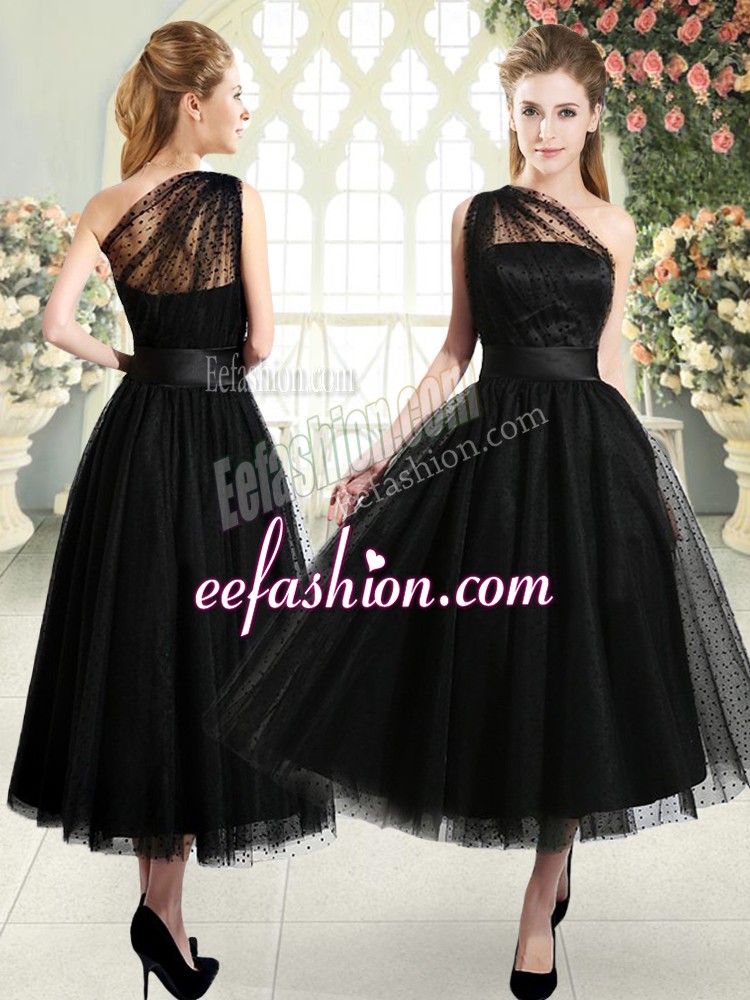  Black Side Zipper Prom Dresses Ruching Sleeveless Tea Length