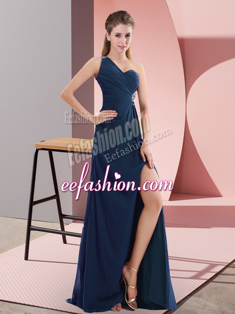  Navy Blue Prom Dresses Prom and Party and Military Ball with Beading and Ruching One Shoulder Sleeveless Sweep Train Backless