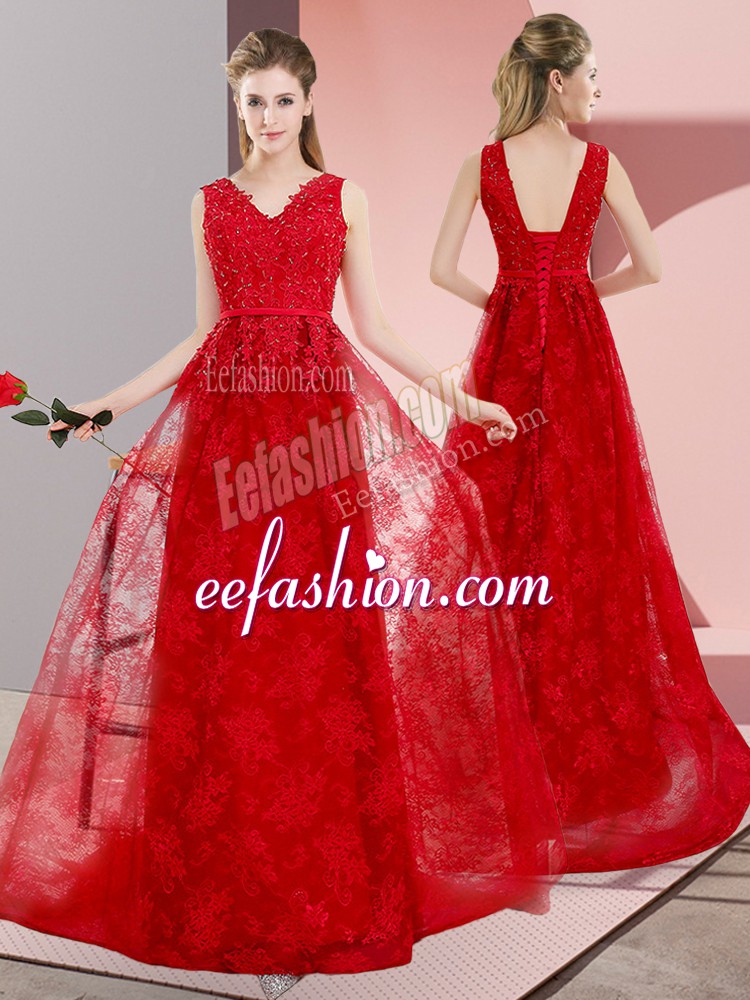  Lace Up Prom Dresses Red for Prom and Party and Military Ball with Beading Sweep Train