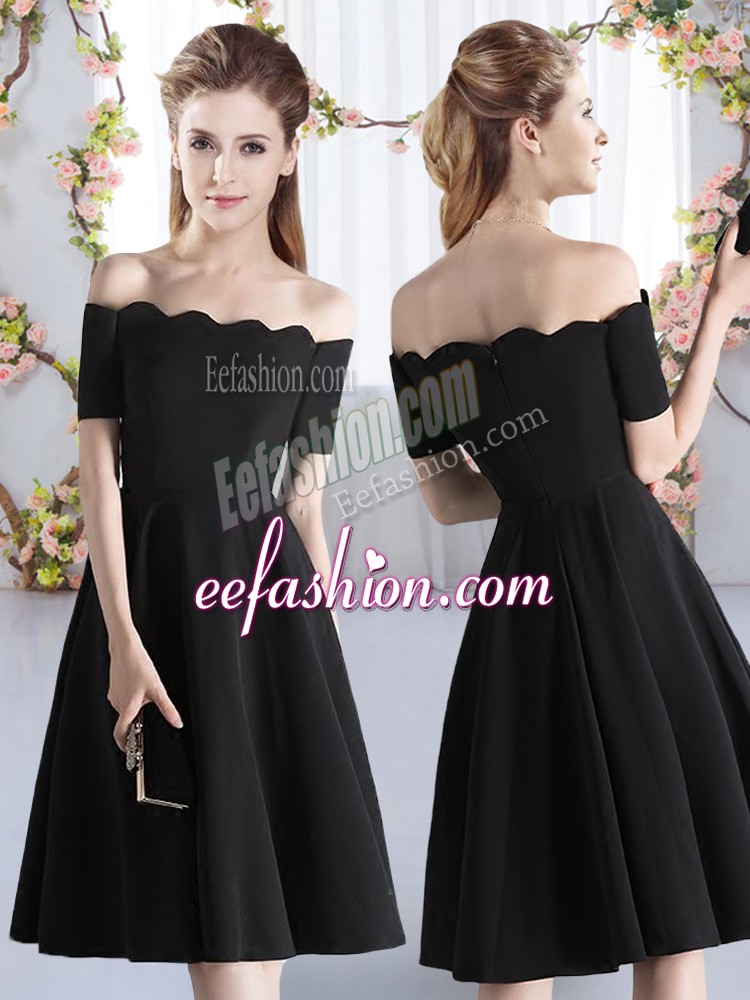  Black Off The Shoulder Zipper Ruching Bridesmaid Gown Short Sleeves