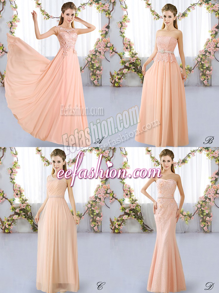 Elegant Peach Chiffon Lace Up Quinceanera Dama Dress Sleeveless Floor Length Lace