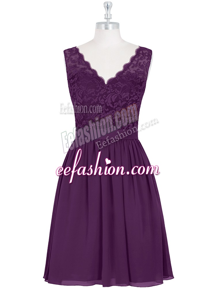 Cheap Purple Scalloped Neckline Lace Prom Dresses Sleeveless Zipper