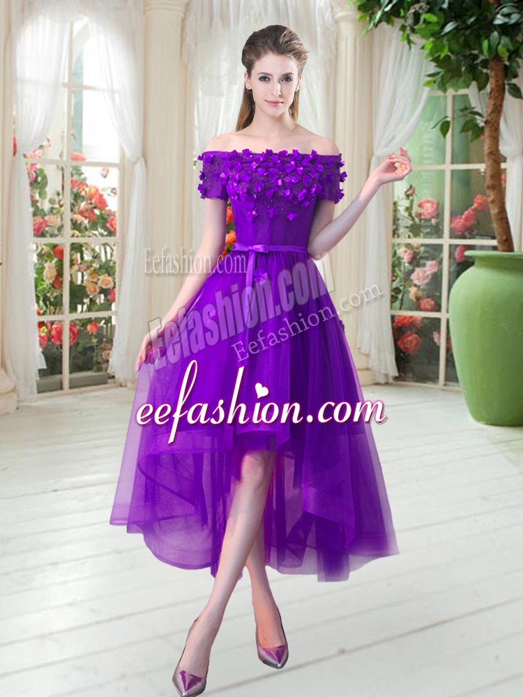 Stunning Purple Short Sleeves Appliques High Low 