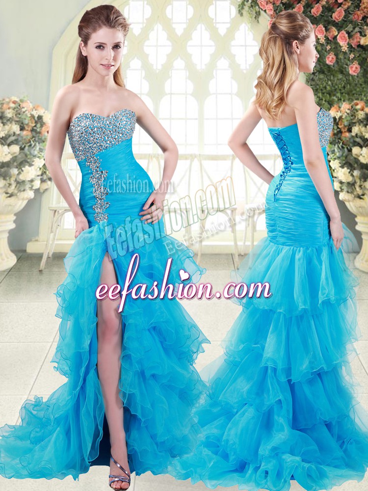  Aqua Blue Mermaid Sweetheart Sleeveless Organza Brush Train Lace Up Beading and Ruffled Layers Homecoming Dress