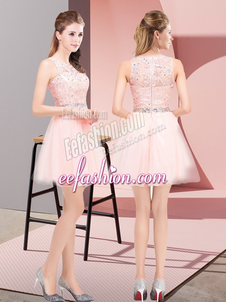  Pink Sleeveless Mini Length Beading and Lace Lace Up Prom Dresses