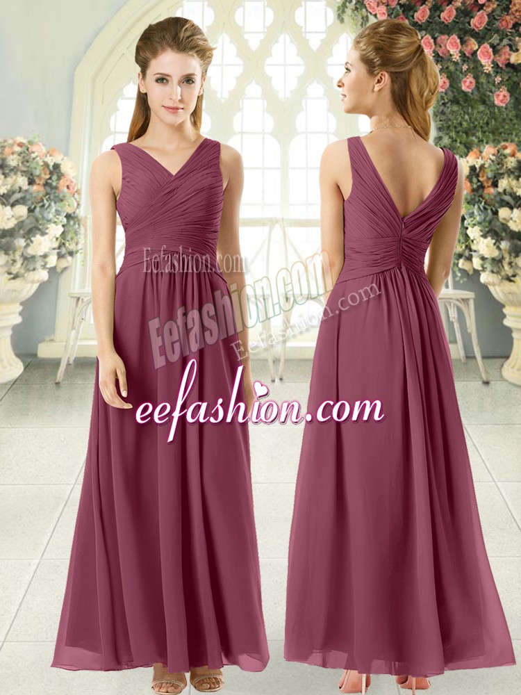  Burgundy Zipper V-neck Ruching Prom Dress Chiffon Sleeveless