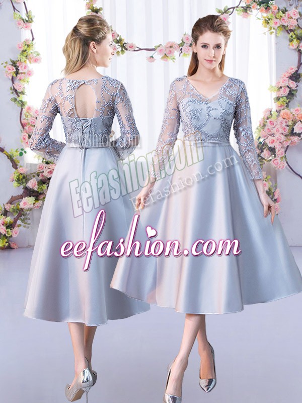 Designer Silver V-neck Lace Up Lace Bridesmaid Dress 3 4 Length Sleeve