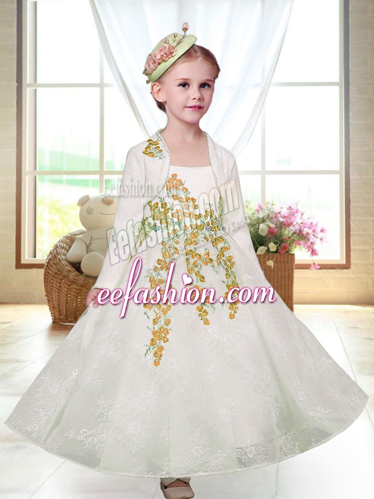 Shining White Lace Zipper Flower Girl Dress Sleeveless Ankle Length Embroidery