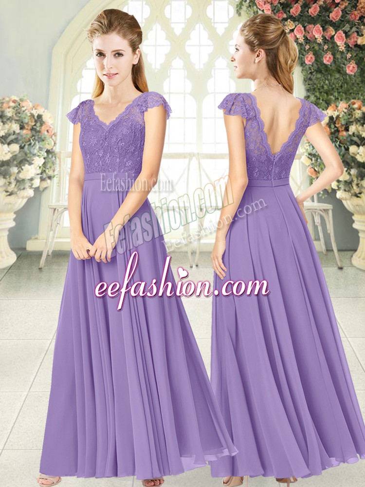 Customized Lavender Chiffon Zipper Prom Gown Cap Sleeves Ankle Length Lace