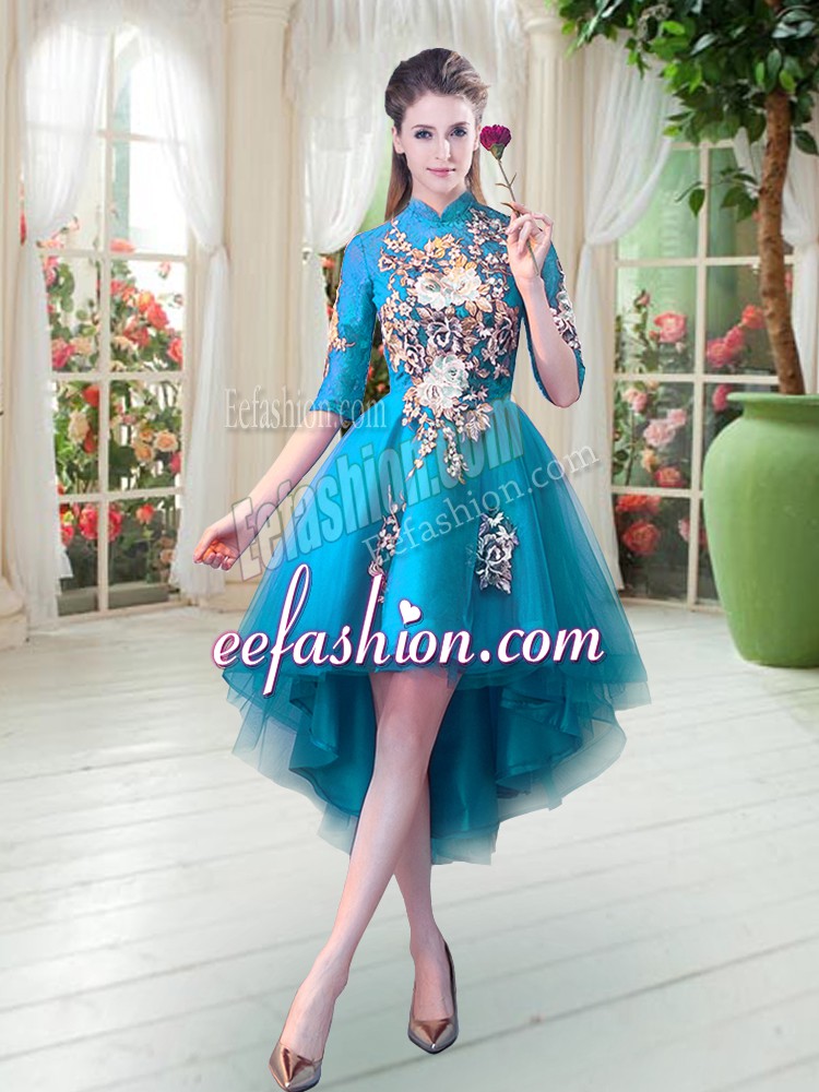 Half Sleeves High Low Appliques Zipper Prom Evening Gown with Teal 