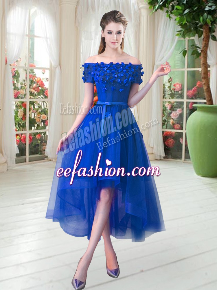  Royal Blue Lace Up Off The Shoulder Appliques Prom Evening Gown Tulle Short Sleeves