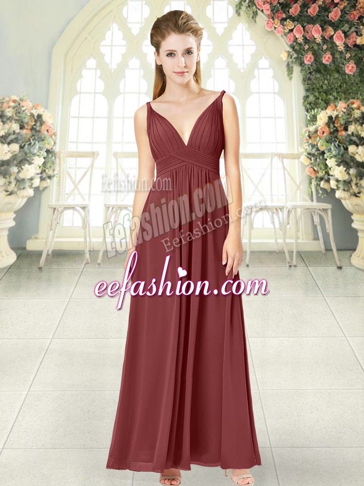 Romantic Wine Red Empire Chiffon V-neck Sleeveless Ruching Floor Length Backless Formal Dresses