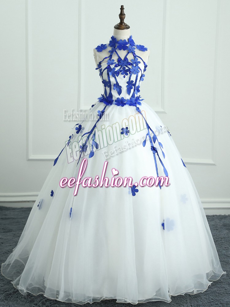 Glamorous Ball Gowns Quinceanera Dresses White High-neck Organza Sleeveless Floor Length Zipper