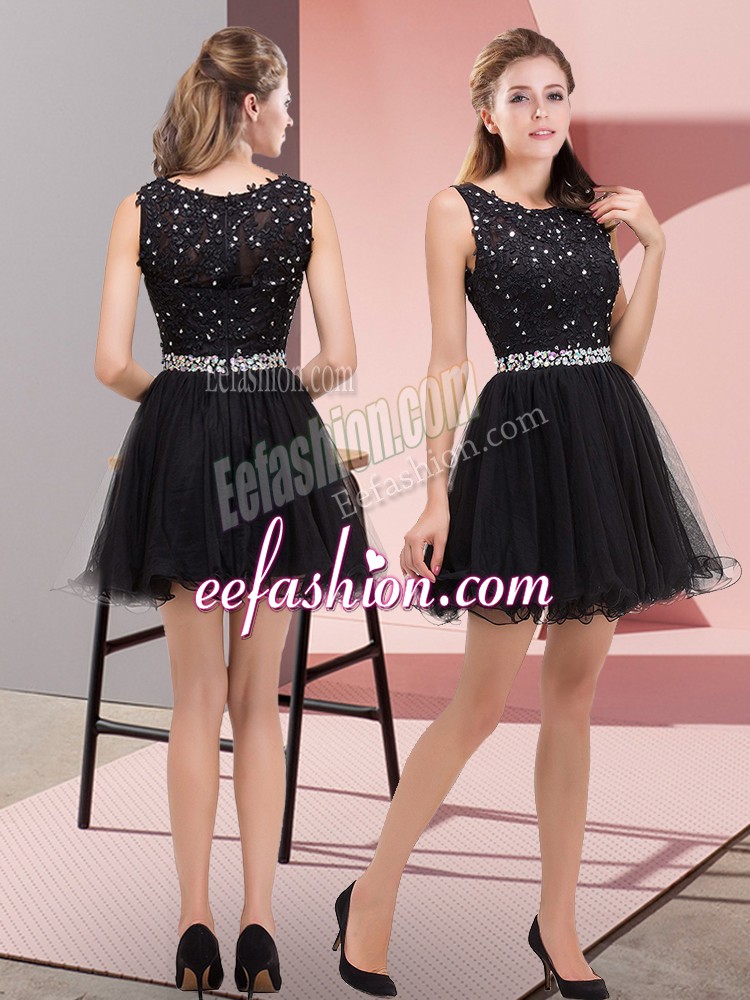 Custom Design Black Zipper Scoop Beading Prom Party Dress Tulle Sleeveless