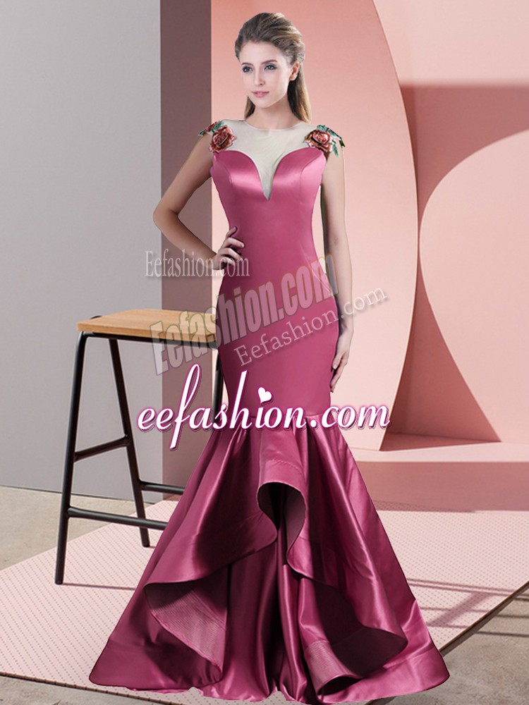  Red Sleeveless Satin Sweep Train Side Zipper Dress for Prom for Prom and Party and Military Ball