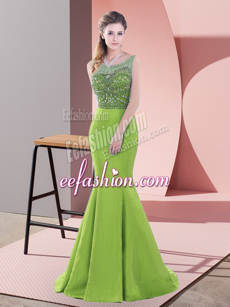Custom Designed Green Homecoming Dress Satin Sweep Train Sleeveless Beading and Lace