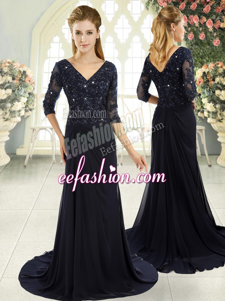 Designer Navy Blue Zipper V-neck Beading and Lace and Appliques Prom Gown Chiffon Half Sleeves Sweep Train