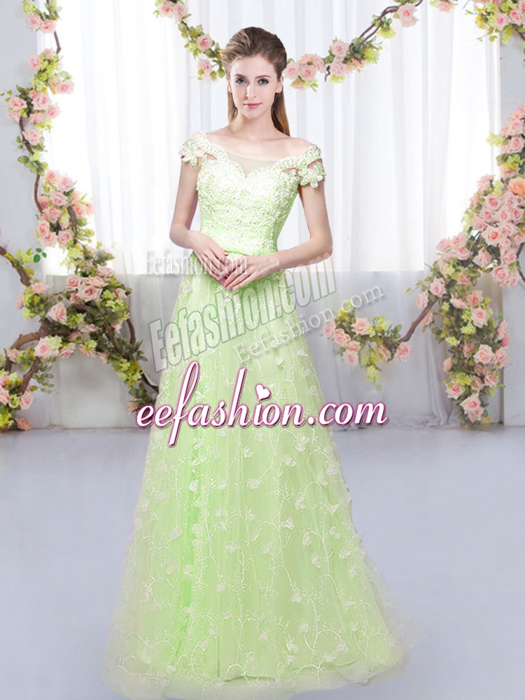  Yellow Green Cap Sleeves Floor Length Appliques Lace Up Quinceanera Dama Dress
