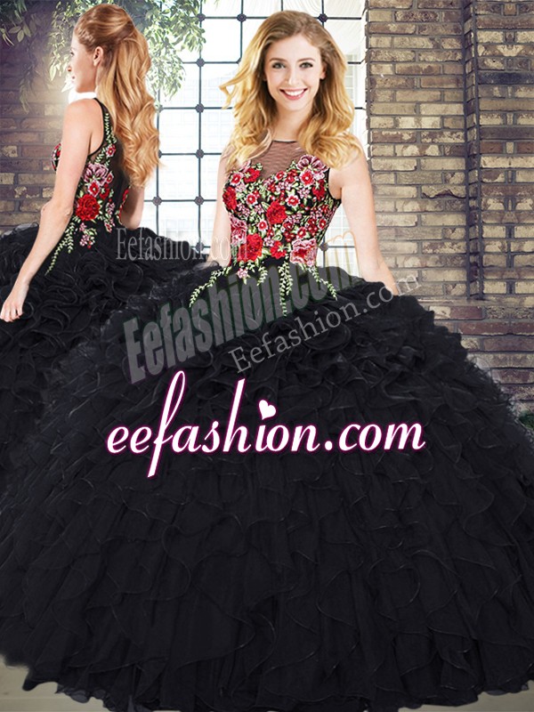  Black Zipper Scoop Embroidery and Ruffles Quinceanera Gown Organza Sleeveless