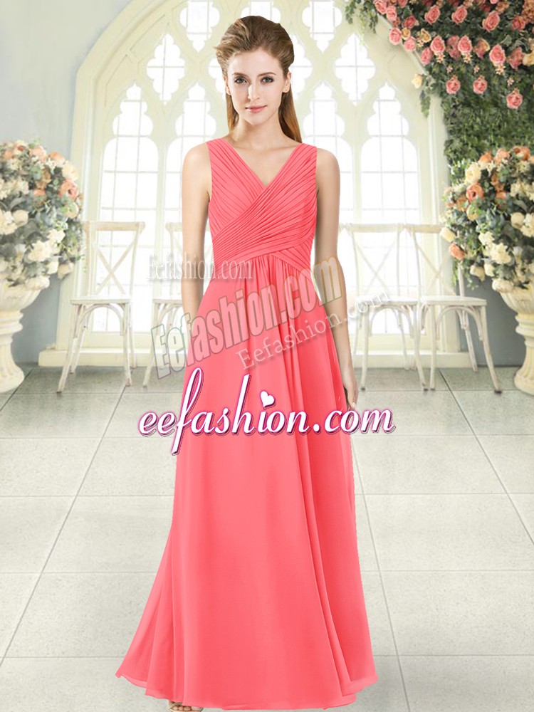 Dazzling Watermelon Red Zipper V-neck Ruching Prom Dress Chiffon Sleeveless