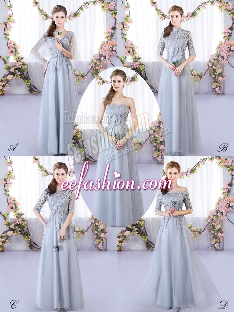  Sleeveless Tulle Floor Length Lace Up Vestidos de Damas in Grey with Appliques