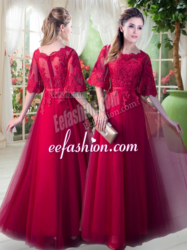  Scoop Half Sleeves Dress for Prom Floor Length Appliques Red Tulle