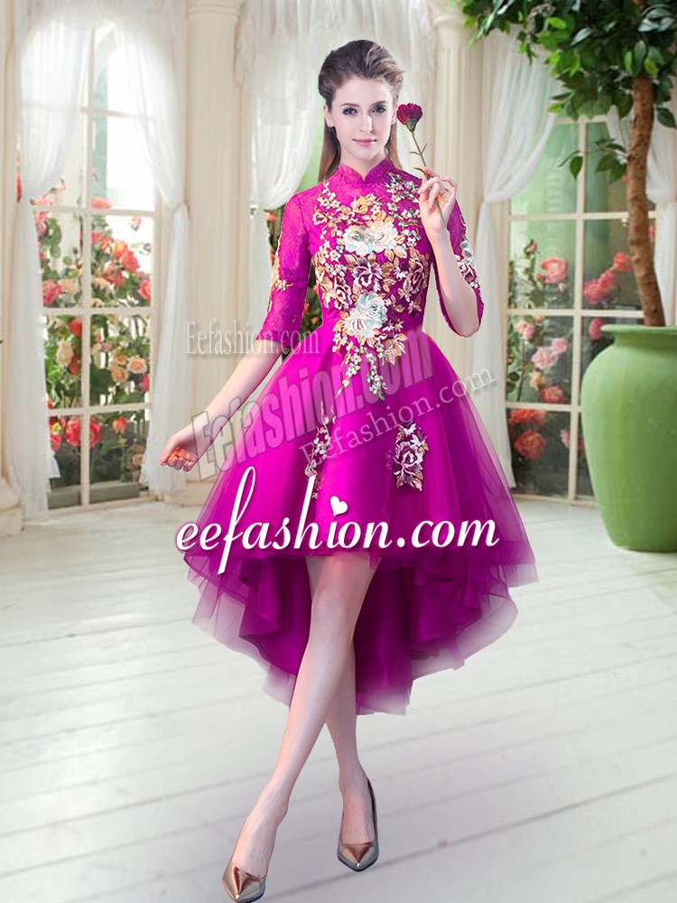 Smart Half Sleeves Zipper High Low Appliques Prom Evening Gown