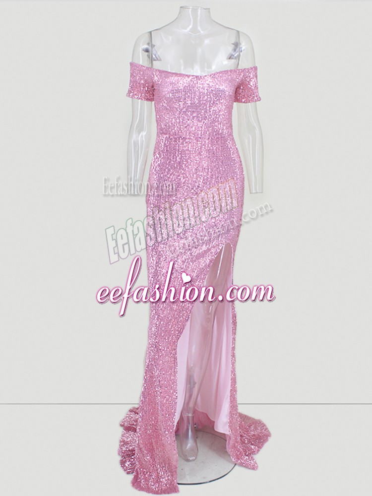 Luxurious Pink Prom Party Dress Prom and Party with Sequins Off The Shoulder Short Sleeves Sweep Train Zipper